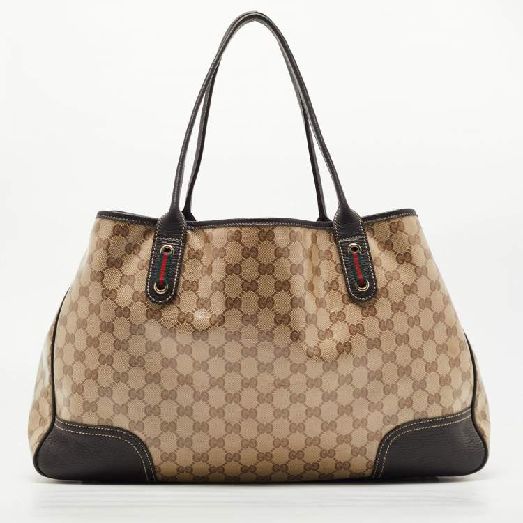 Pre Owned Gucci Brown/Beige GG Crystal Canvas and Leather Large Princy Tote