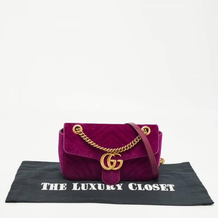 Pre Owned Gucci Magenta Matelassé Velvet Small GG Marmont Shoulder Bag