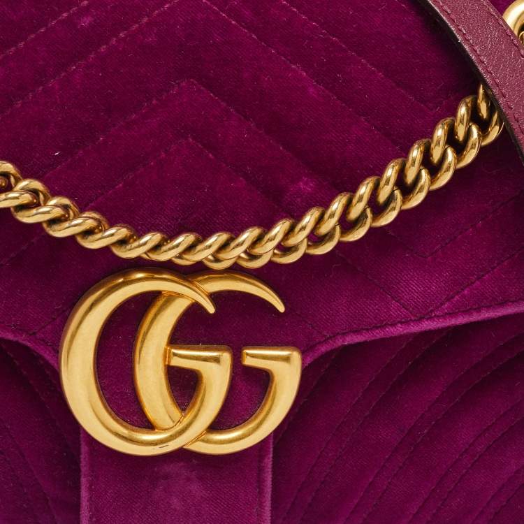 Pre Owned Gucci Magenta Matelassé Velvet Small GG Marmont Shoulder Bag