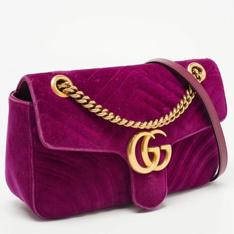 Pre Owned Gucci Magenta Matelassé Velvet Small GG Marmont Shoulder Bag