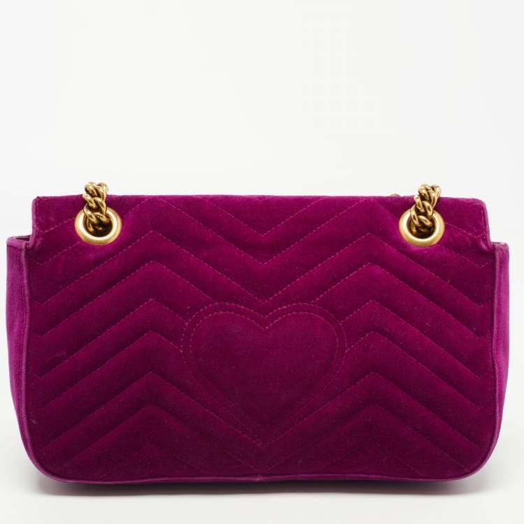 Pre Owned Gucci Magenta Matelassé Velvet Small GG Marmont Shoulder Bag