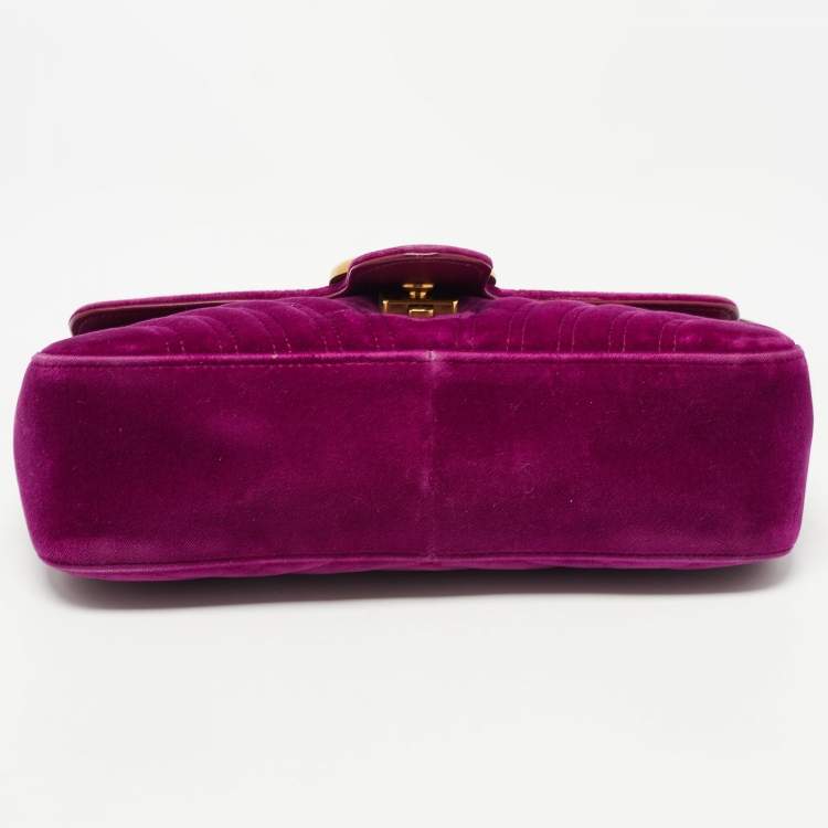 Pre Owned Gucci Magenta Matelassé Velvet Small GG Marmont Shoulder Bag