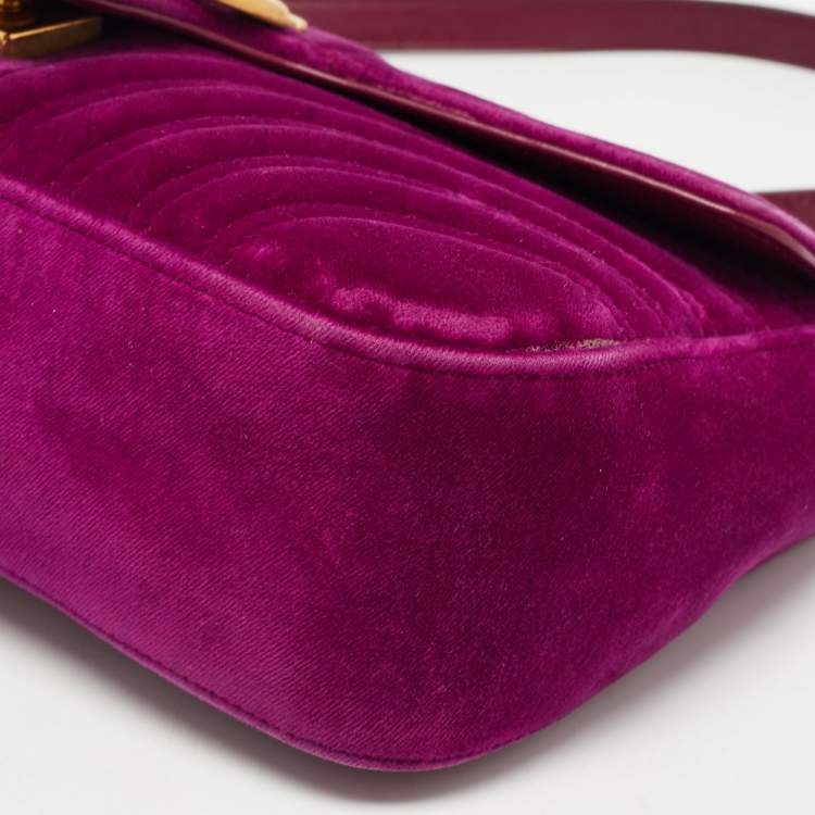 Pre Owned Gucci Magenta Matelassé Velvet Small GG Marmont Shoulder Bag