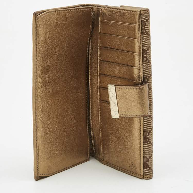 Pre Owned Gucci Gold/Beige GG Canvas and Leather Flap Continental Wallet