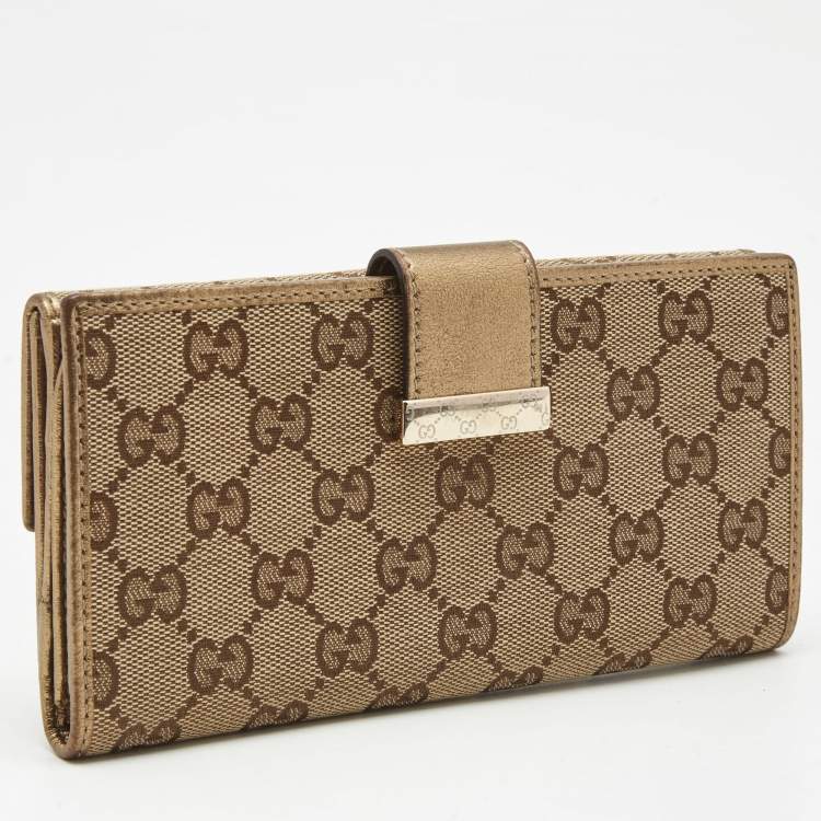 Pre Owned Gucci Gold/Beige GG Canvas and Leather Flap Continental Wallet