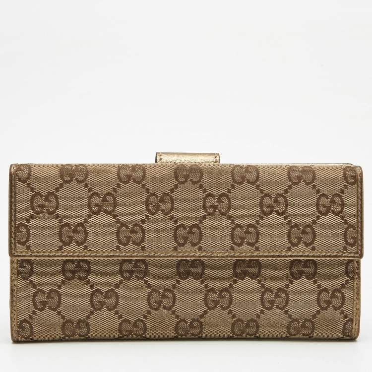 Pre Owned Gucci Gold/Beige GG Canvas and Leather Flap Continental Wallet