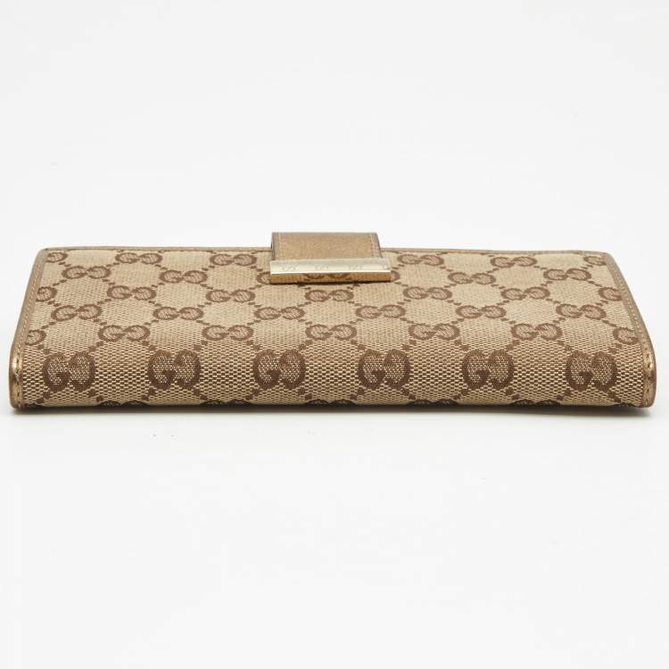 Pre Owned Gucci Gold/Beige GG Canvas and Leather Flap Continental Wallet