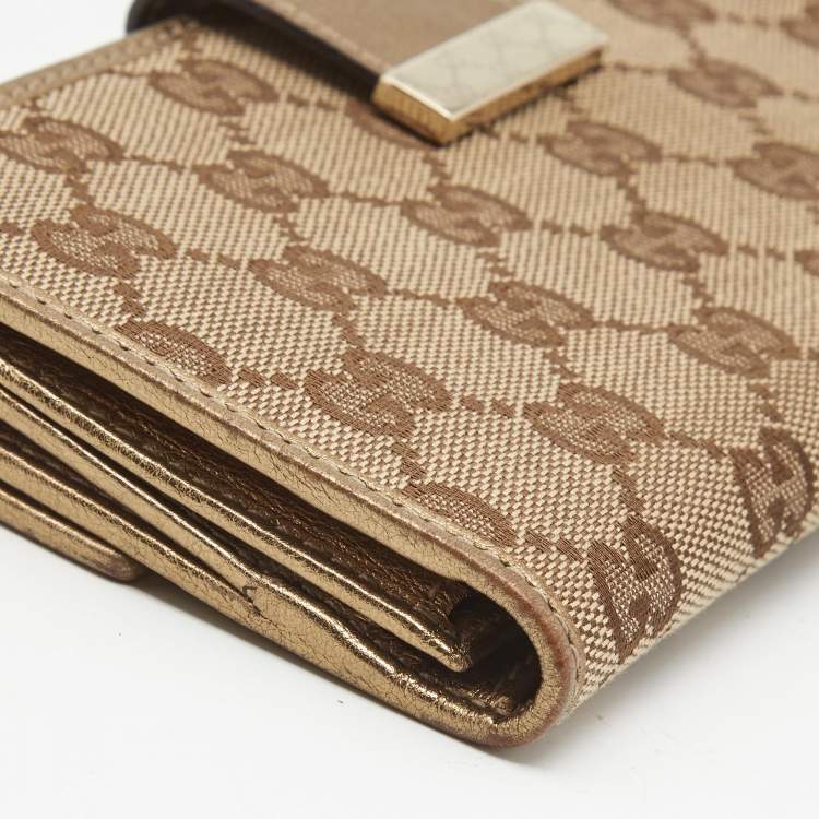 Pre Owned Gucci Gold/Beige GG Canvas and Leather Flap Continental Wallet