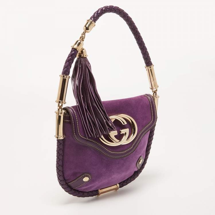 Pre Owned Gucci Purple Leather and Suede Small Britt Tassel Hobo