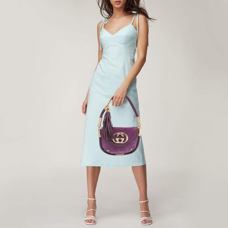 Pre Owned Gucci Purple Leather and Suede Small Britt Tassel Hobo