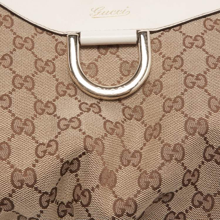 Pre Owned Gucci White/Beige GG Canvas and Leather Large Abbey D Ring Shoulder Bag