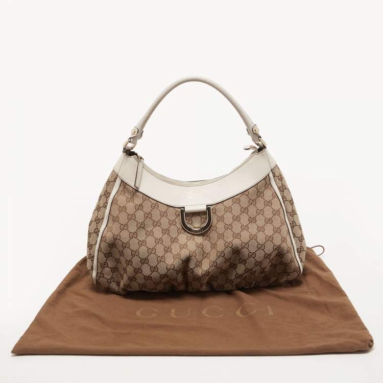 Pre Owned Gucci White/Beige GG Canvas and Leather Large Abbey D Ring Shoulder Bag