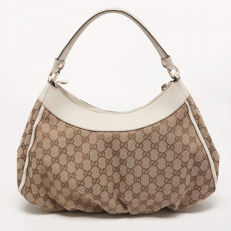 Pre Owned Gucci White/Beige GG Canvas and Leather Large Abbey D Ring Shoulder Bag
