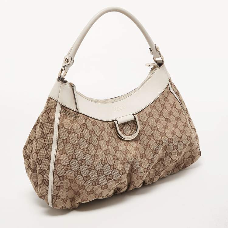 Pre Owned Gucci White/Beige GG Canvas and Leather Large Abbey D Ring Shoulder Bag