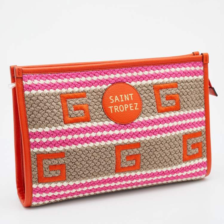 Pre Owned Gucci Multicolor Crochet Fabric and Leather Saint Tropez Zip Pouch