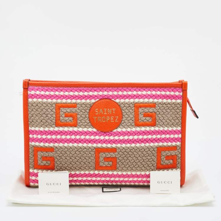Pre Owned Gucci Multicolor Crochet Fabric and Leather Saint Tropez Zip Pouch