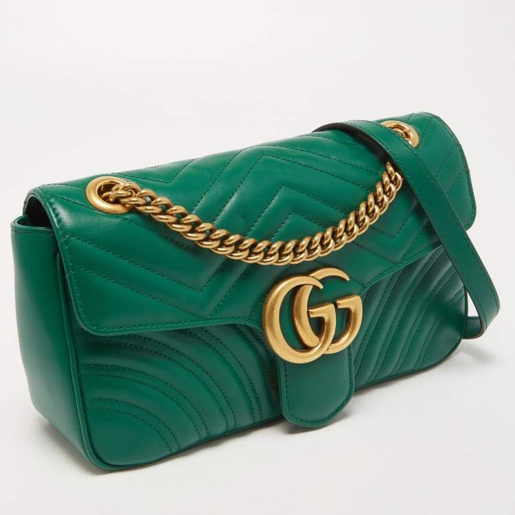 Pre Owned Gucci Green Matelasse Leather Small GG Marmont Shoulder Bag