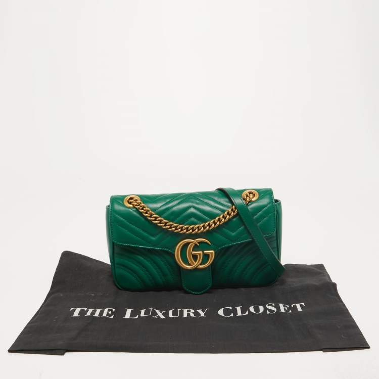 Pre Owned Gucci Green Matelasse Leather Small GG Marmont Shoulder Bag