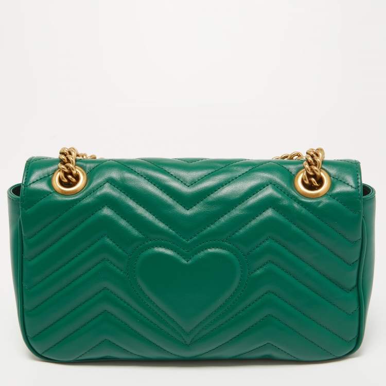 Pre Owned Gucci Green Matelasse Leather Small GG Marmont Shoulder Bag