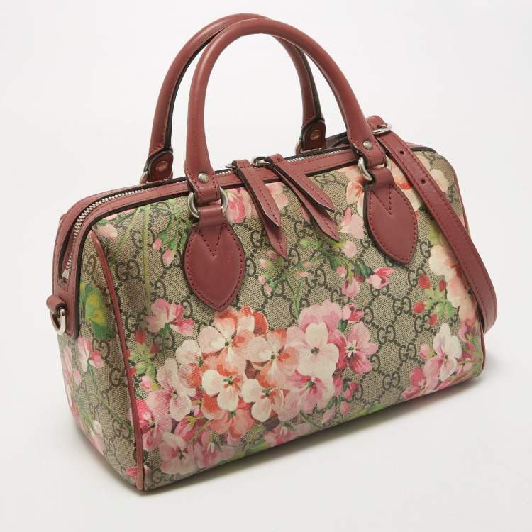Pre Owned Gucci Old Rose/Beige GG Supreme Canvas Small Blooms Boston Bag