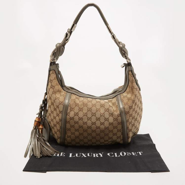 مملوكة مسبقًا Gucci Beige/Metallic GG Canvas Techno Horsebit Hobo Bag