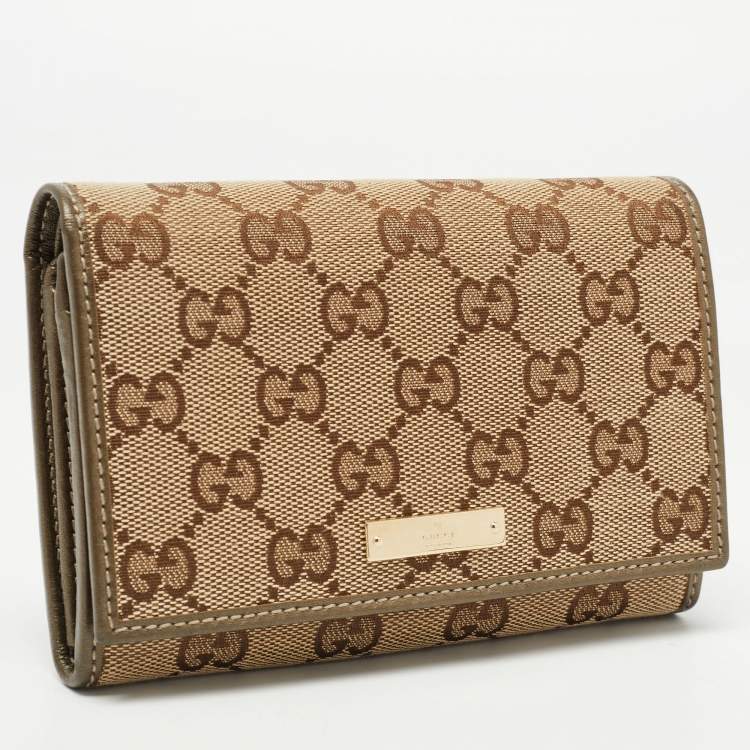 Pre Owned Gucci Beige GG Canvas and Leather Logo Flap Wallet