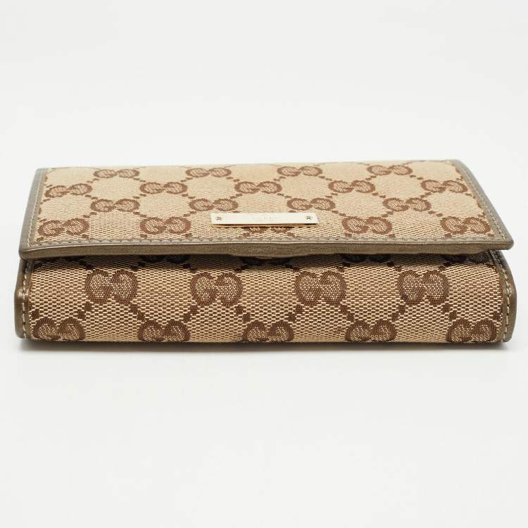 Pre Owned Gucci Beige GG Canvas and Leather Logo Flap Wallet