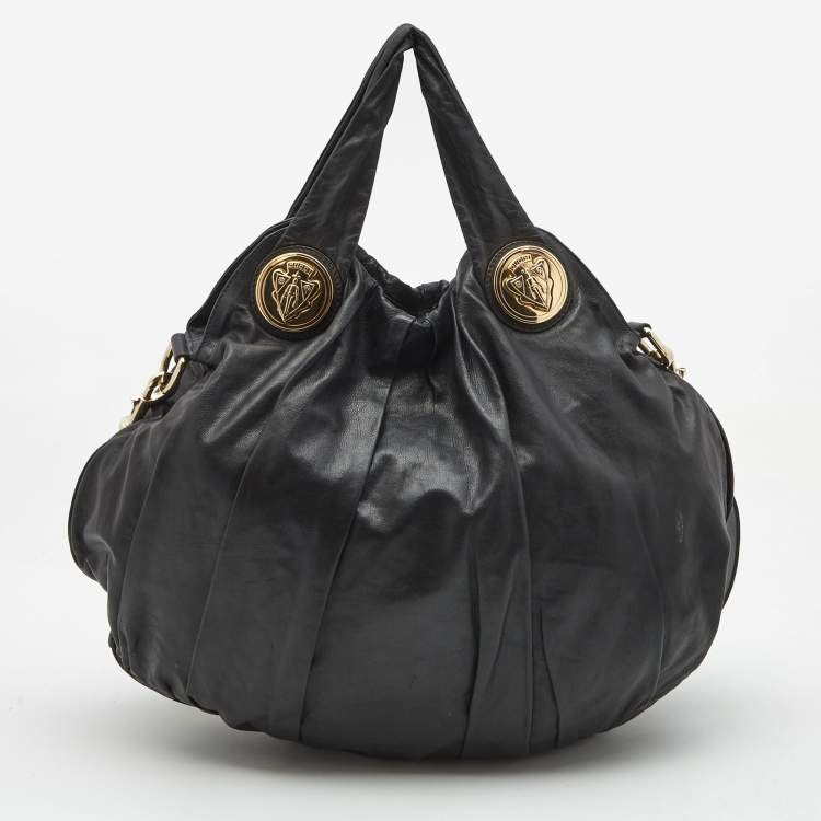 Pre Owned Gucci Black Tapestry Leather Large Hysteria Hobo