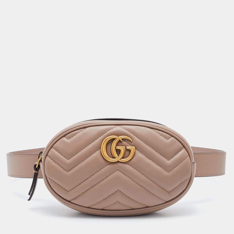 Pre Owned Gucci Beige Matelassé Leather GG Marmont Belt Bag