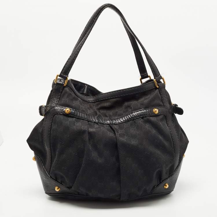 Pre Owned Gucci Black GG Canvas and Leather Jockey Tote