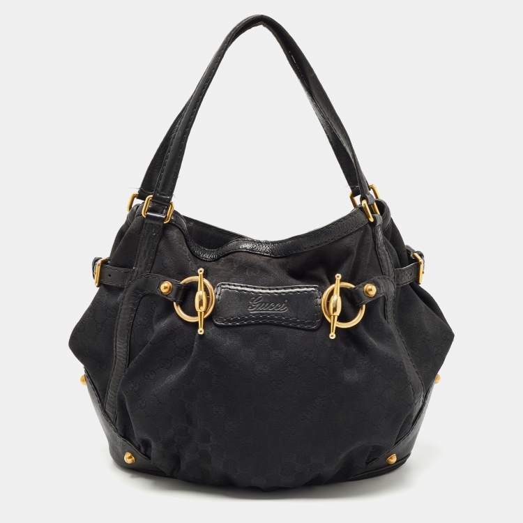 Pre Owned Gucci Black GG Canvas and Leather Jockey Tote