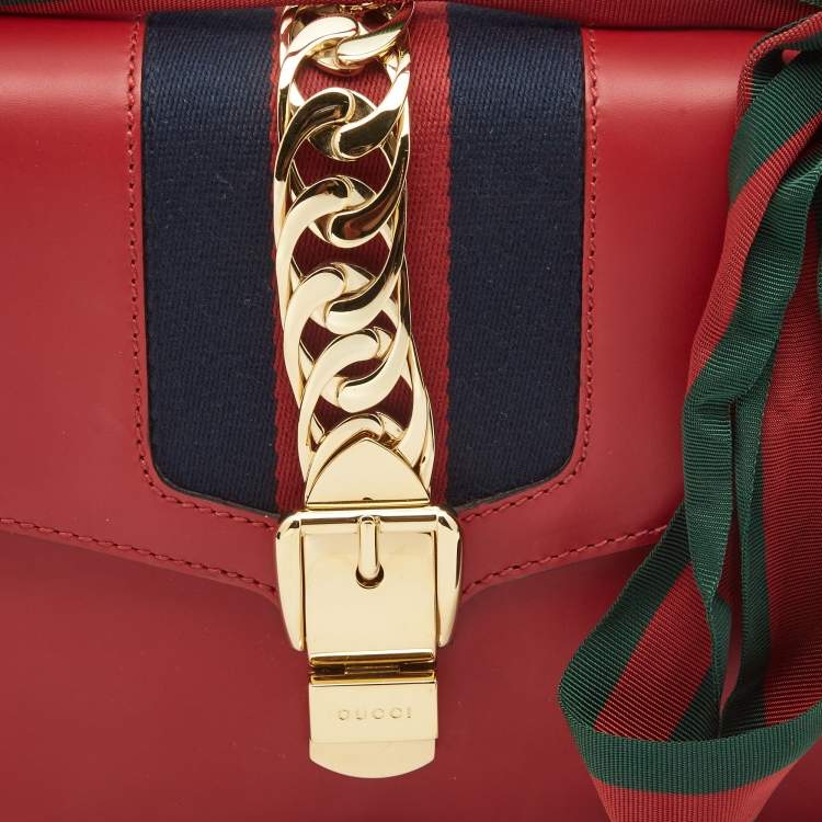 Pre Owned Gucci Red Leather Small Web Sylvie Shoulder Bag