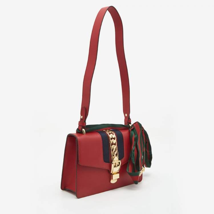 Pre Owned Gucci Red Leather Small Web Sylvie Shoulder Bag