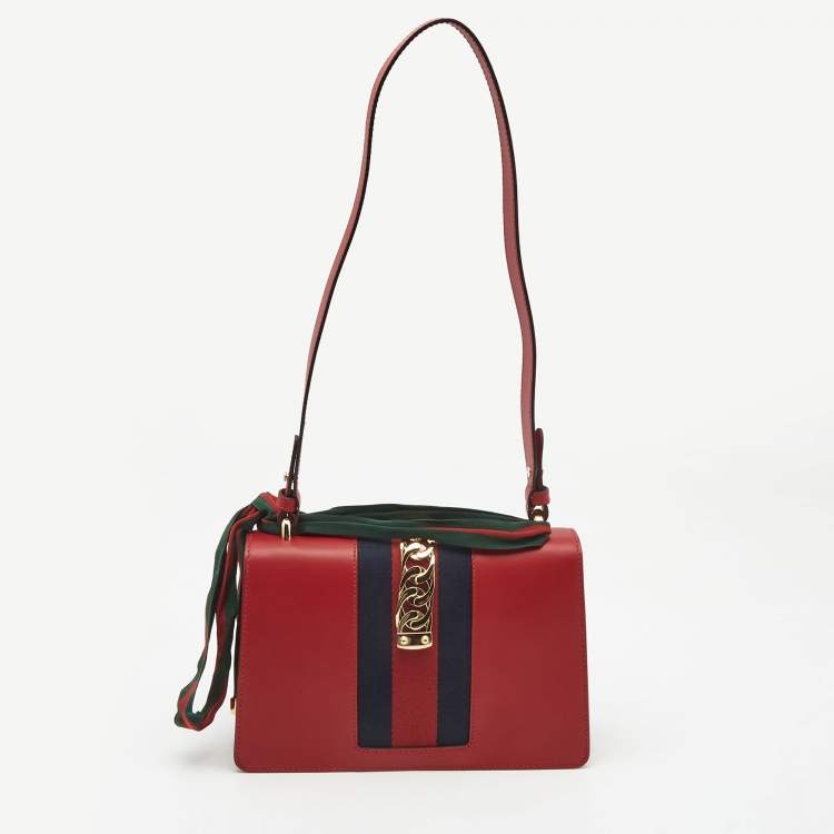 Pre Owned Gucci Red Leather Small Web Sylvie Shoulder Bag