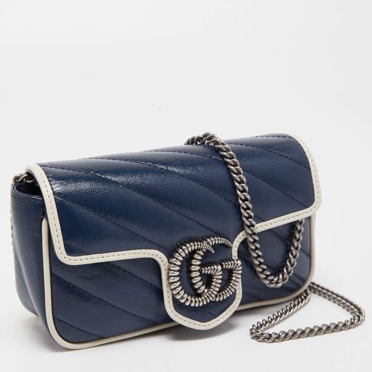 Pre Owned Gucci Dark Blue/White Diagonal Matelasse Leather Super Mini GG Marmont Bag