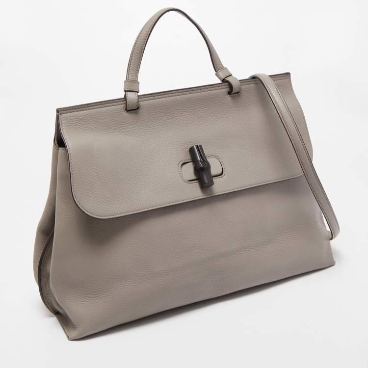Pre Owned Gucci Grey Leather Large Bamboo Daily Top Handle Bag