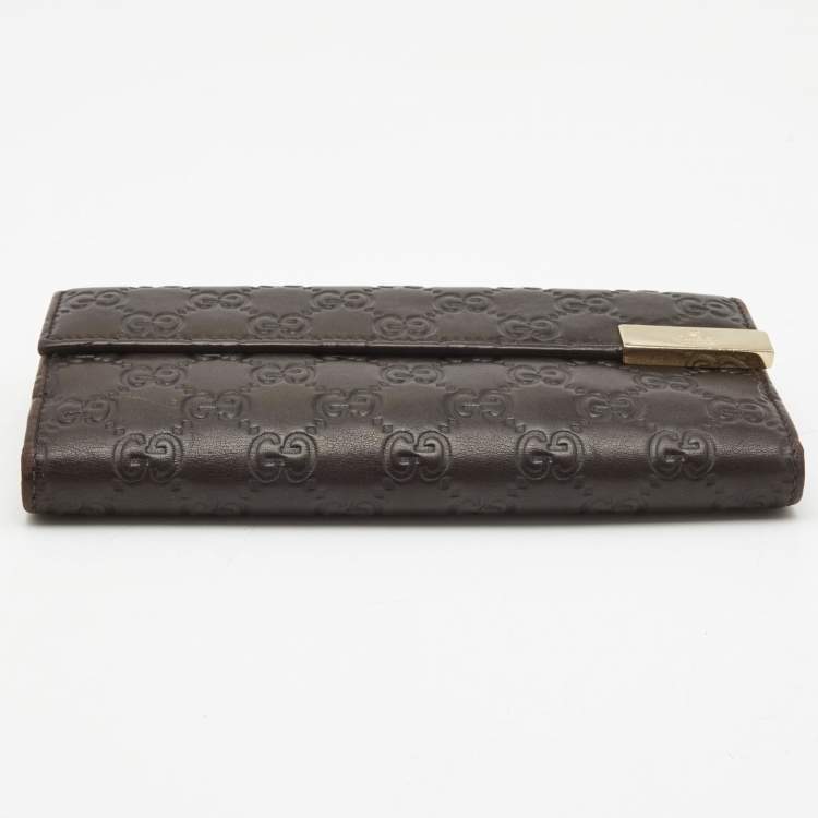 Pre Owned Gucci Dark Brown Guccissima Leather Metal Flap Continental Wallet