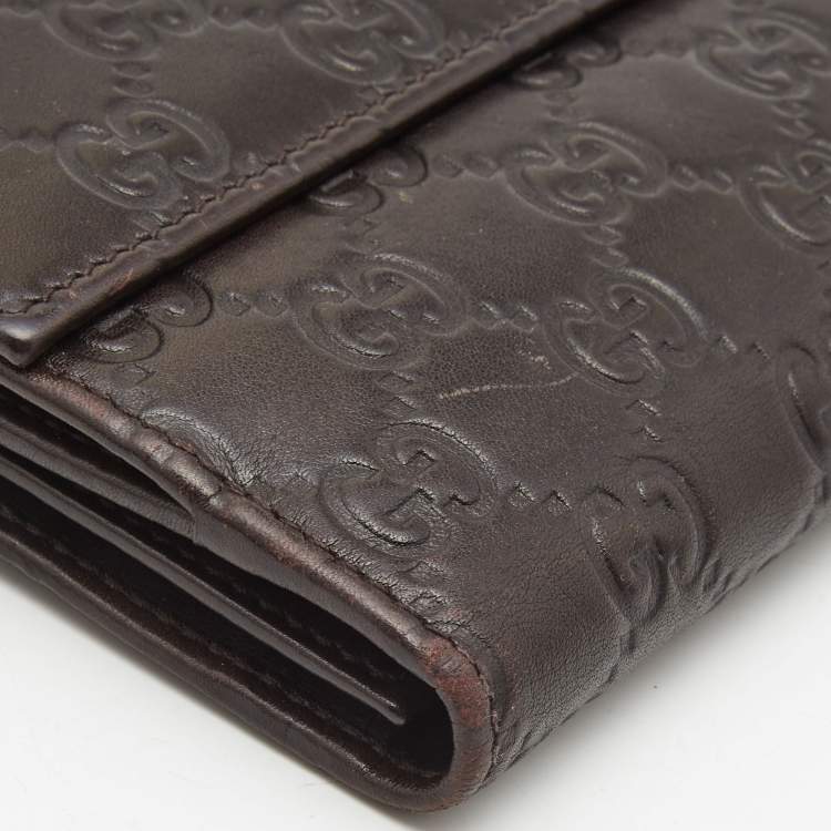 Pre Owned Gucci Dark Brown Guccissima Leather Metal Flap Continental Wallet