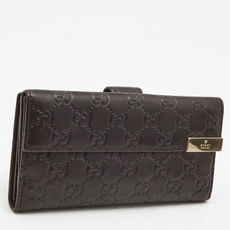 Pre Owned Gucci Dark Brown Guccissima Leather Metal Flap Continental Wallet