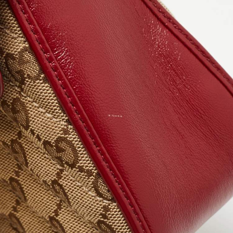 Pre Owned Gucci Red/Beige Diagonal Quilt Canvas and Leather Mini GG Marmont Top Handle Bag