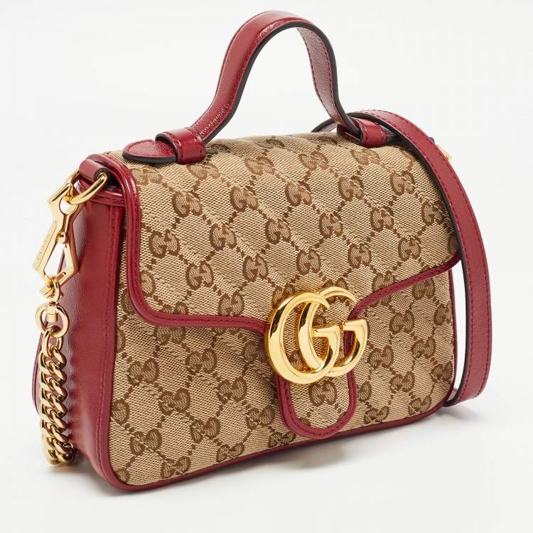 Pre Owned Gucci Red/Beige Diagonal Quilt Canvas and Leather Mini GG Marmont Top Handle Bag
