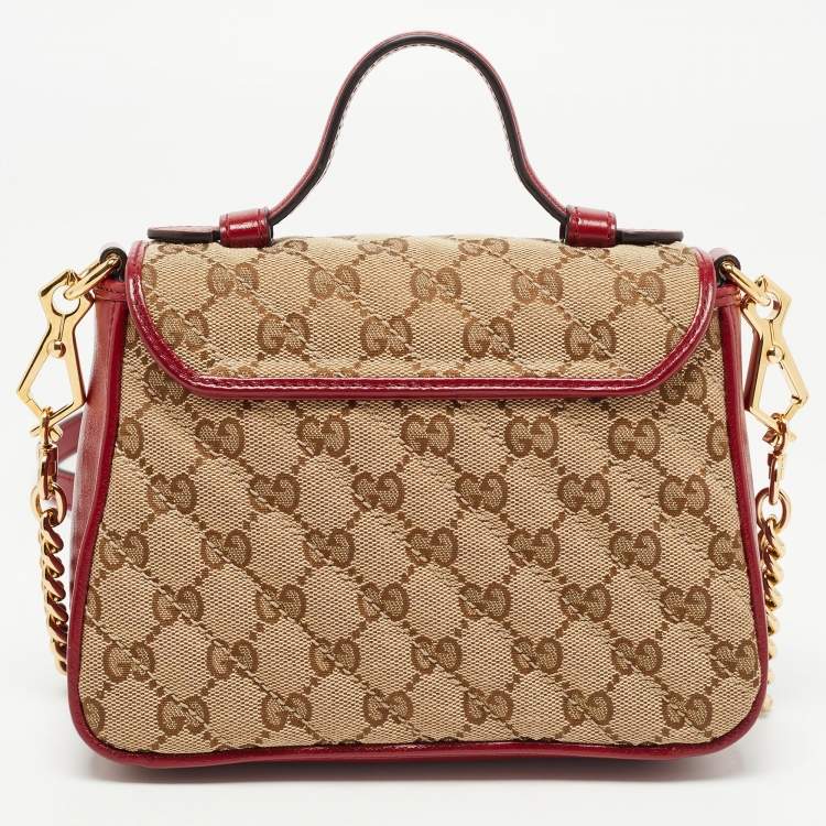 Pre Owned Gucci Red/Beige Diagonal Quilt Canvas and Leather Mini GG Marmont Top Handle Bag