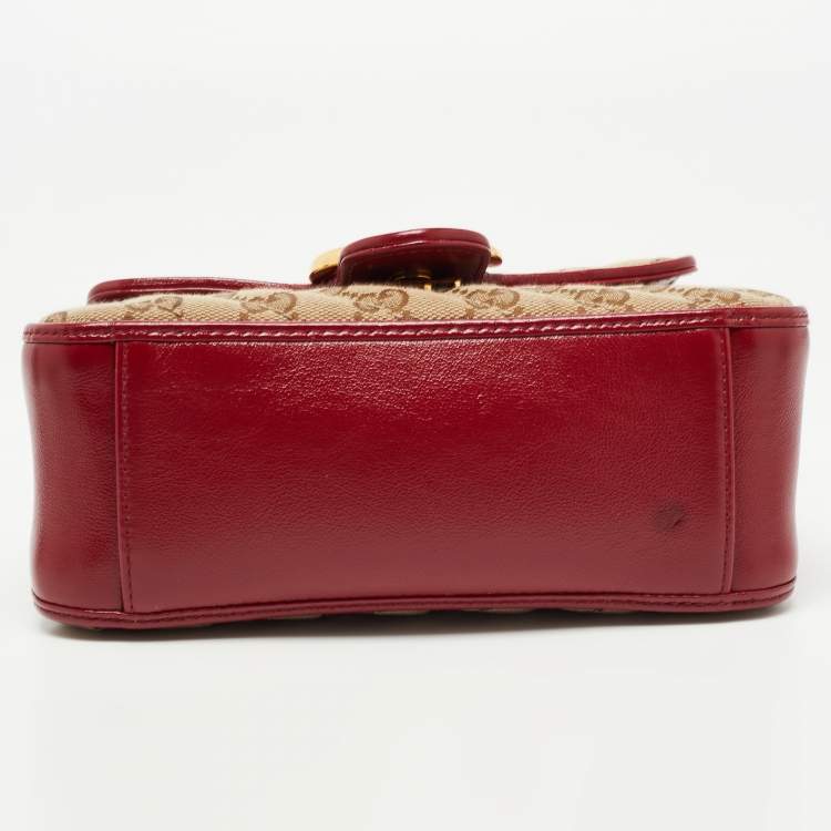 Pre Owned Gucci Red/Beige Diagonal Quilt Canvas and Leather Mini GG Marmont Top Handle Bag