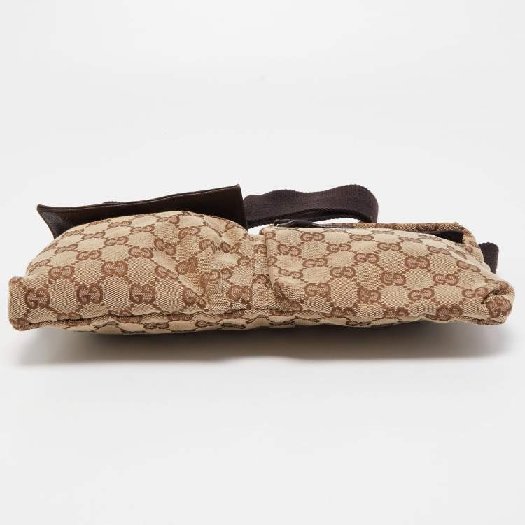 Pre Owned Gucci Beige/Brown GG Canvas and Leather Double Pocket Belt Bag