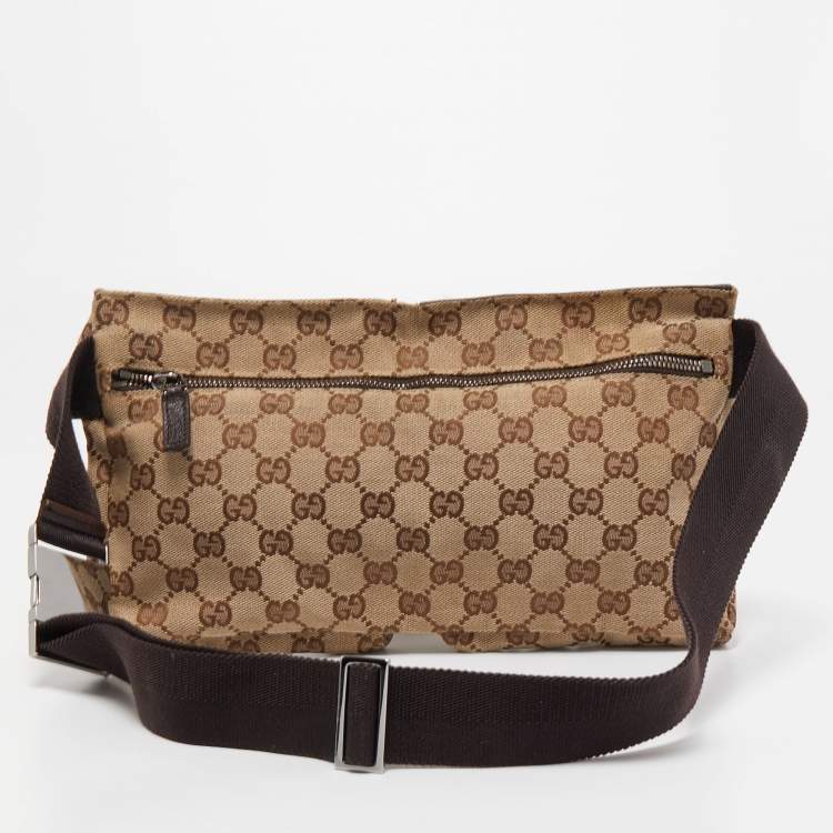 Pre Owned Gucci Beige/Brown GG Canvas and Leather Double Pocket Belt Bag