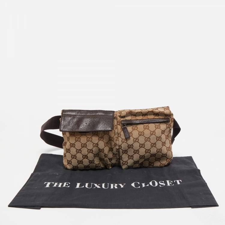 Pre Owned Gucci Beige/Brown GG Canvas and Leather Double Pocket Belt Bag