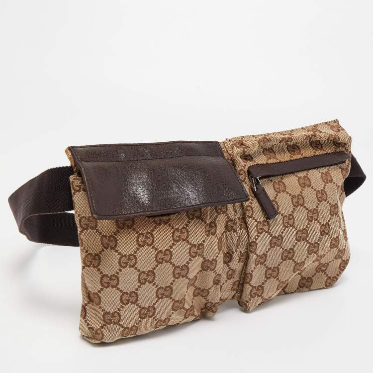 Pre Owned Gucci Beige/Brown GG Canvas and Leather Double Pocket Belt Bag