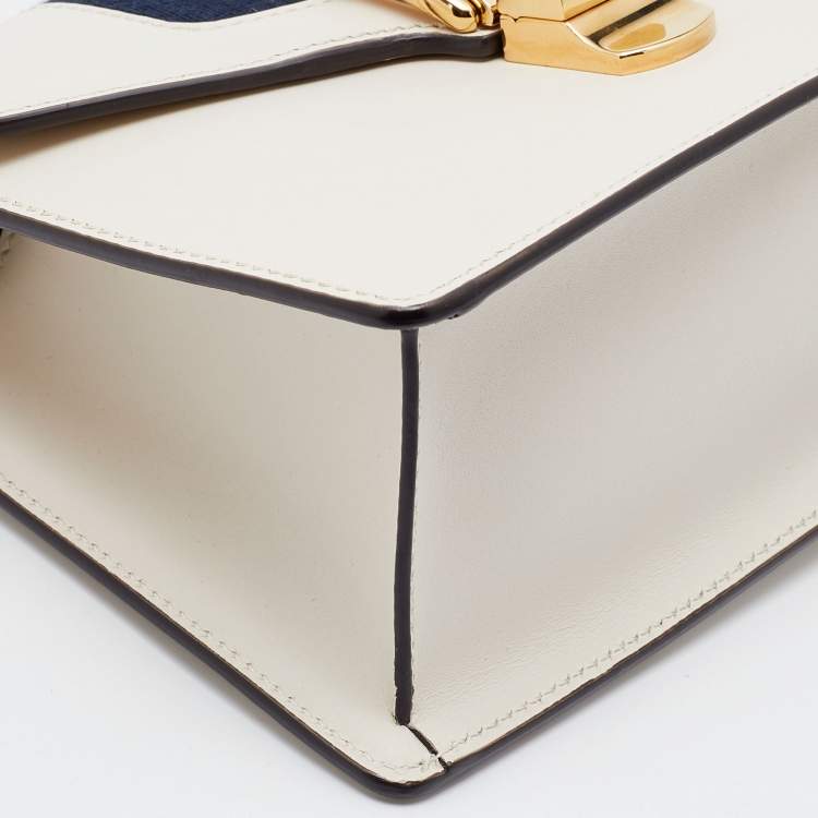 Pre Owned Gucci White Leather Mini Web Sylvie Top Handle Bag