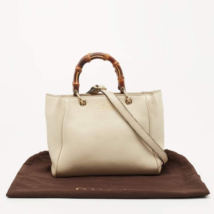 Pre Owned Gucci Off White Leather Mini Bamboo Tote