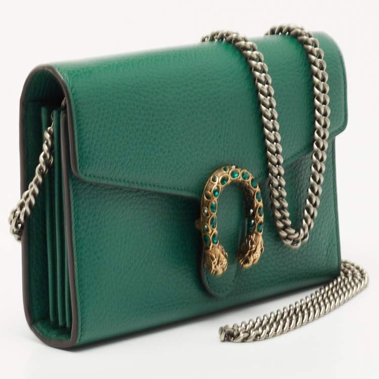 Pre Owned Gucci Green Leather Mini Dionysus Wallet on Chain 